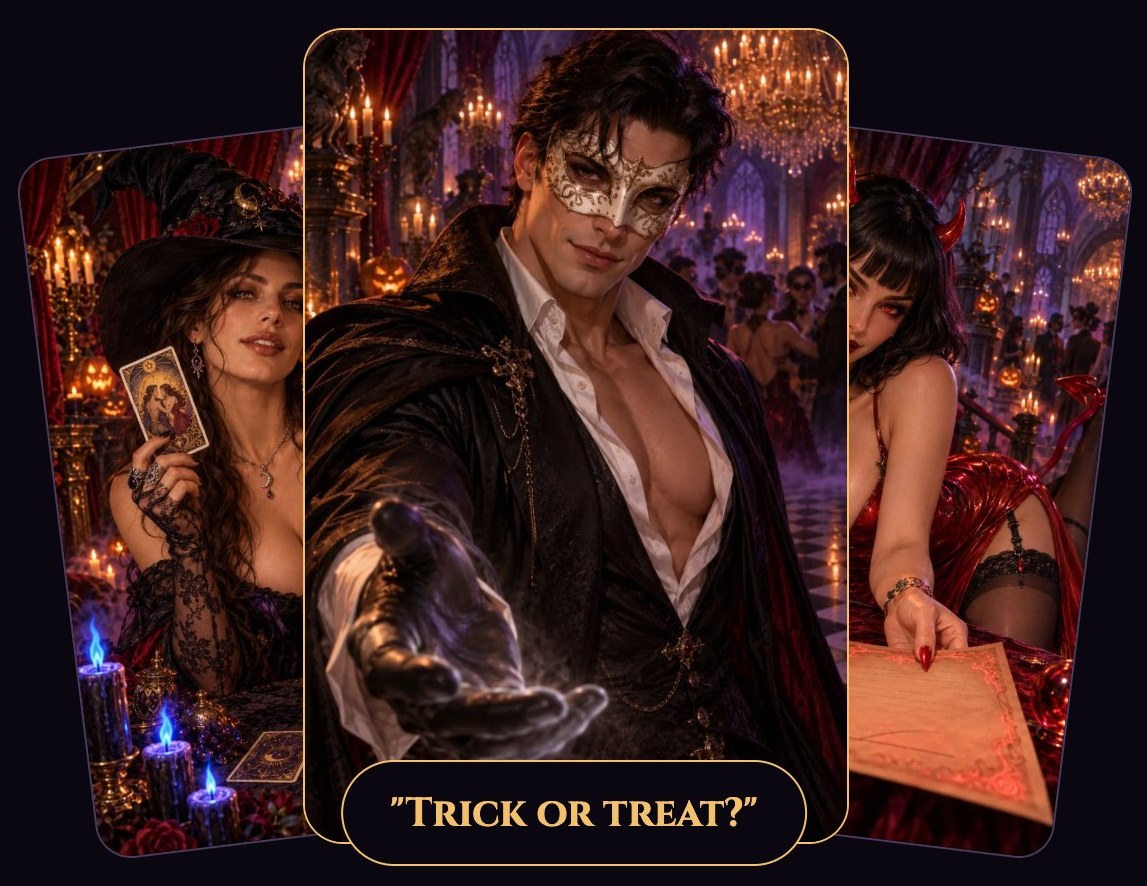 Three masked guests at the Host's Halloween masquerade