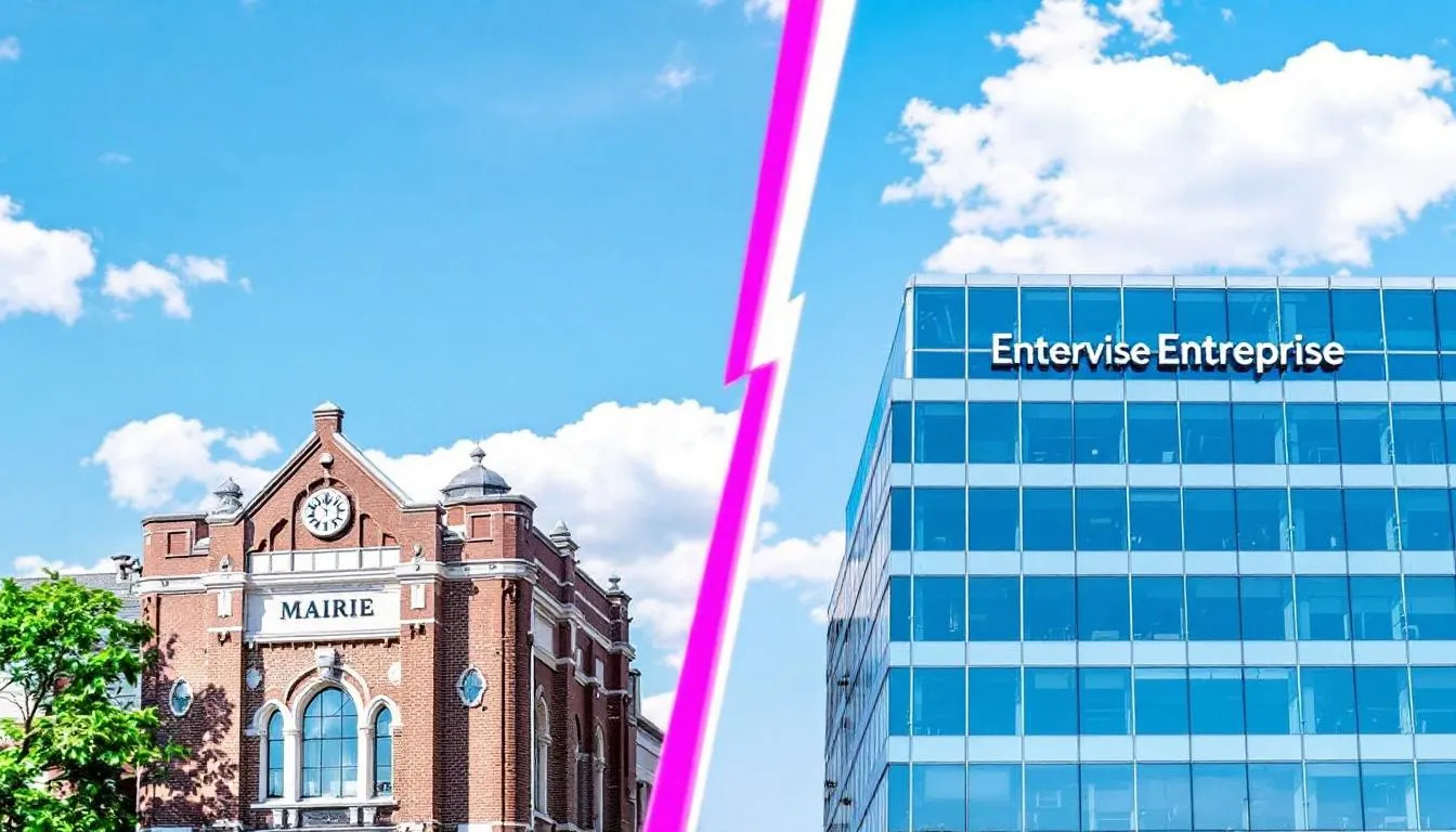 L'image montre à gauche une mairie symbolisant la fonction publique, avec un fonctionnaire en action, et à droite une entreprise représentant le secteur privé. Cette comparaison illustre les différences entre les obligations et les conditions de travail des agents de la fonction publique et des travailleurs du secteur privé.
