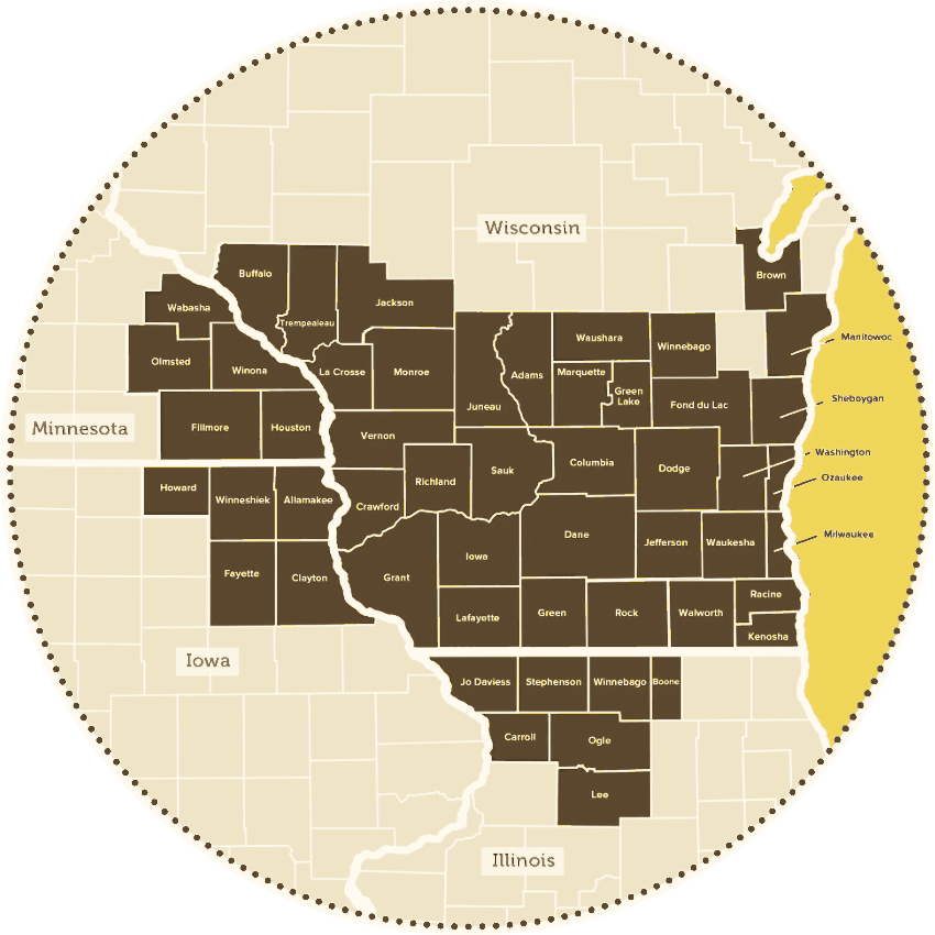 Map of Umama's 52-county service area across Wisconsin, Minnesota, Iowa and Illinois