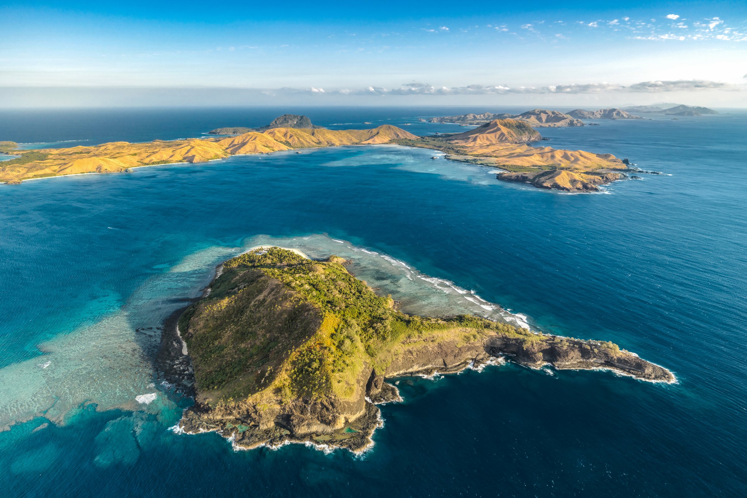 Aerial view of the island with the Yasawa archipelago stretching to the horizon