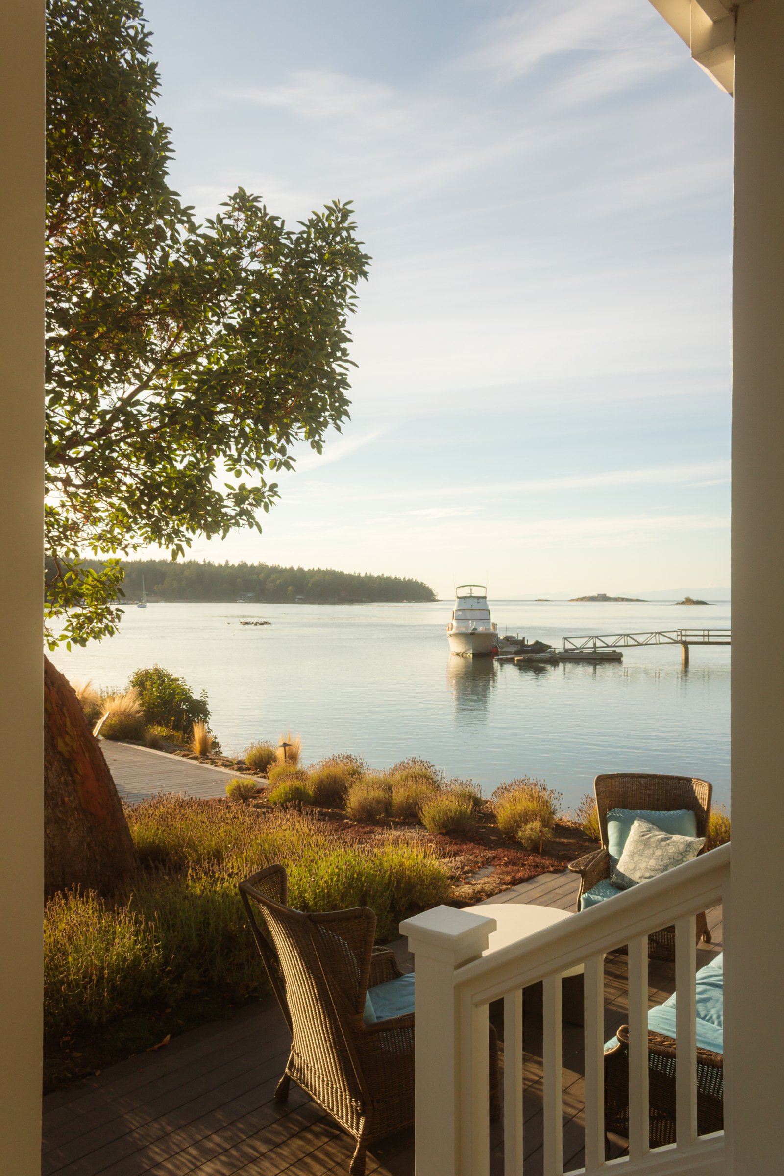 Wicker chairs on the covered veranda looking past lavender and an arbutus tree to the dock and bay in morning light