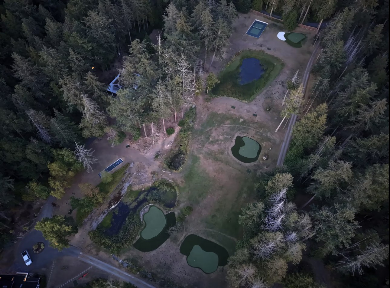 Aerial view of the grounds with putting greens, a pond, a pickleball court, and shuffleboard among the forest