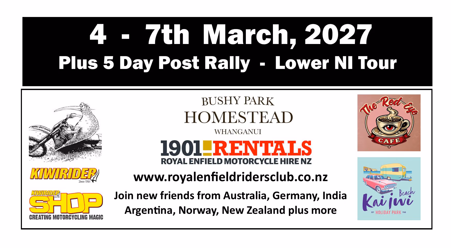 'The Official' New Zealand International Royal Enfield Rally 4-7th March 2027 at Kai Iwi Holiday Park, Wanganui