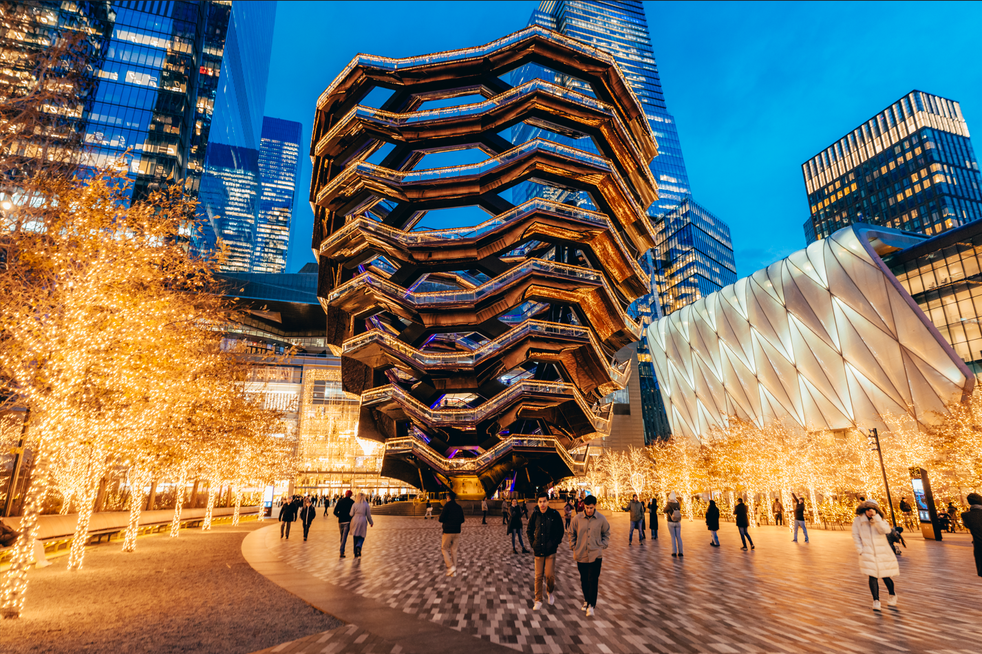 Vessel NYC lit for the holidays.