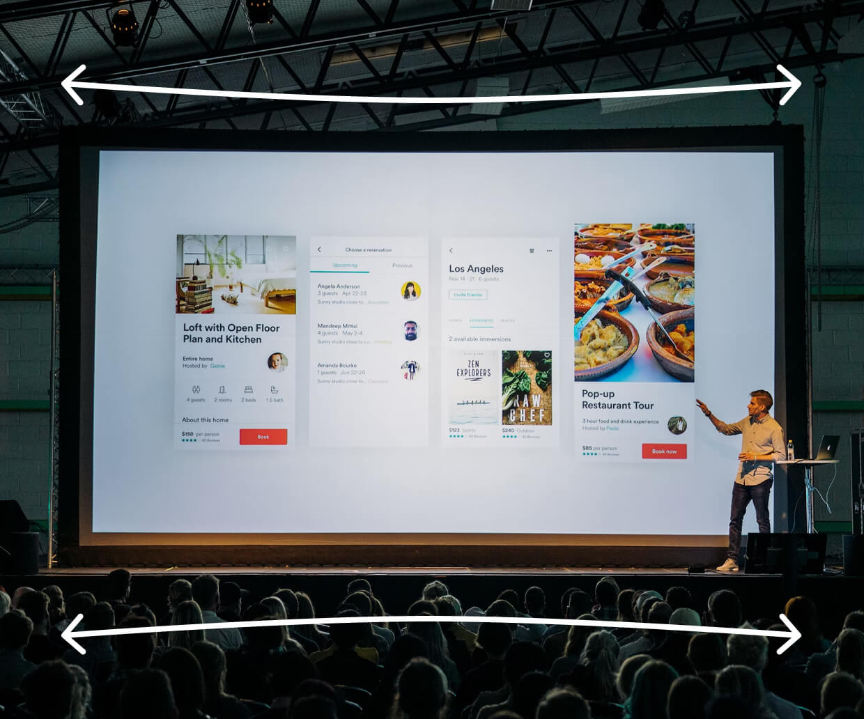 A wide projection screen with two arrows placed at the top and bottom of the screen to demonstrate the screen's width