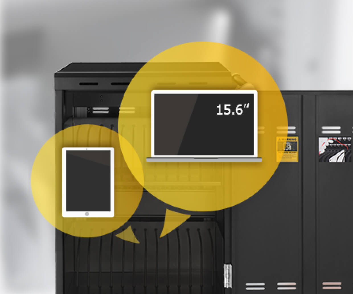 A charge and sync cart with 2 devices inside 