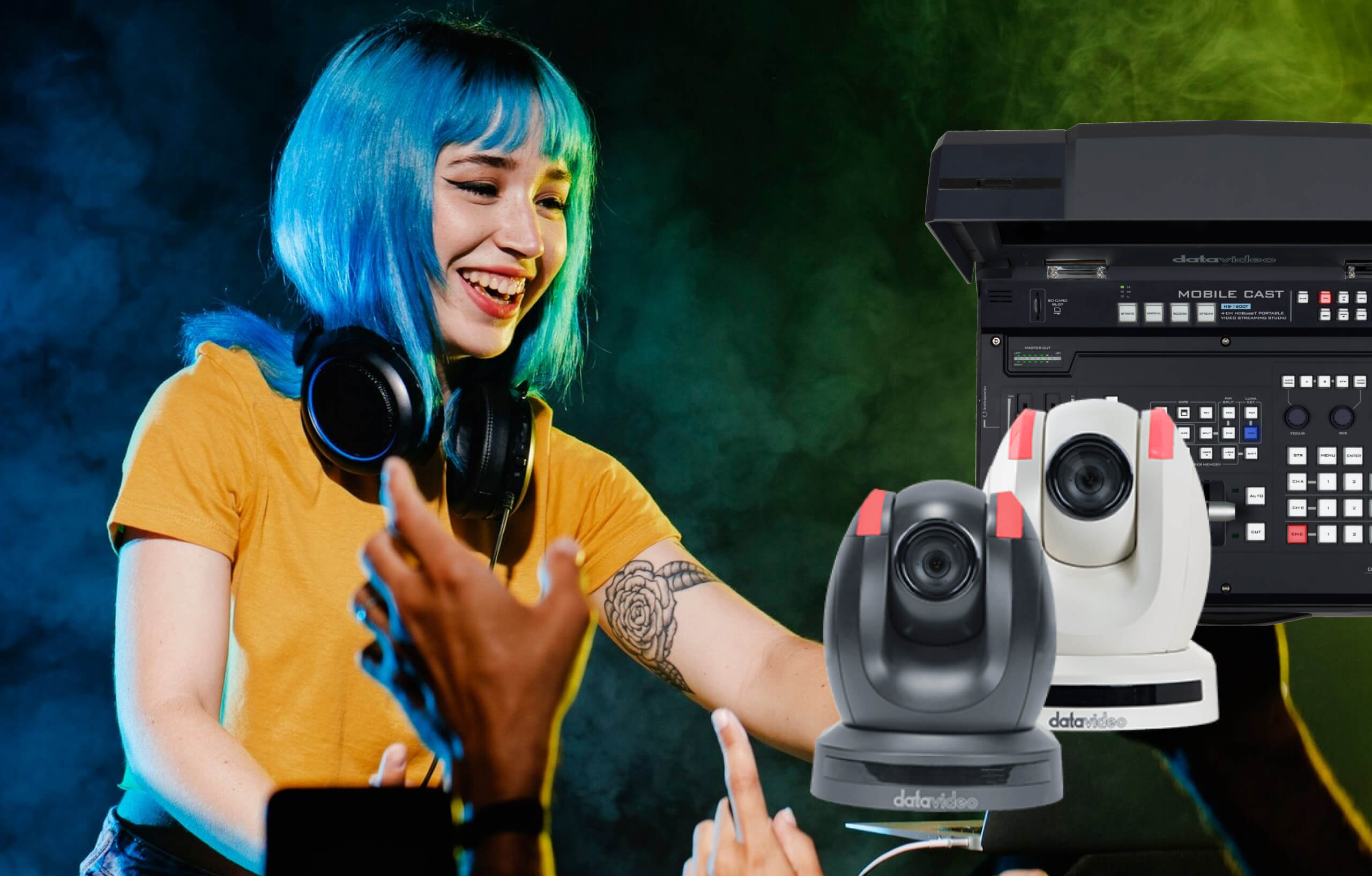 A blue-haired female DJ 