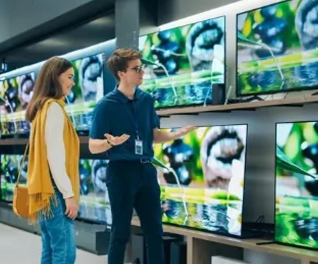 A man showing a woman a TV from a set of TVs flashing the same image