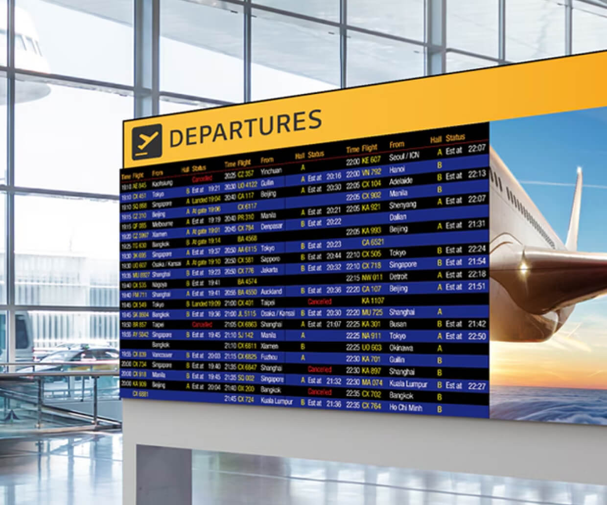 A panel displaying airplane departures