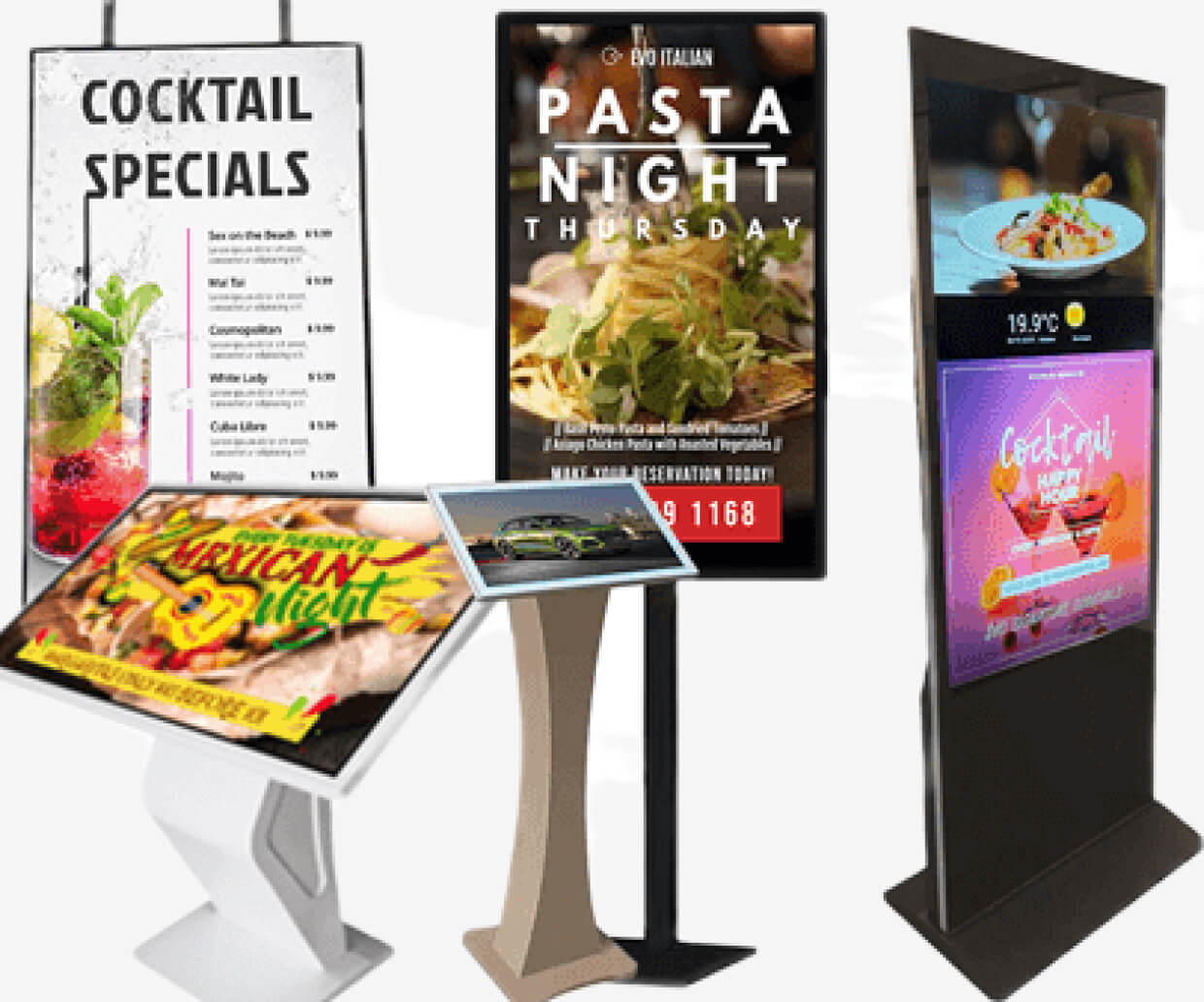 Digital signages featuring different types of food offered by restaurants