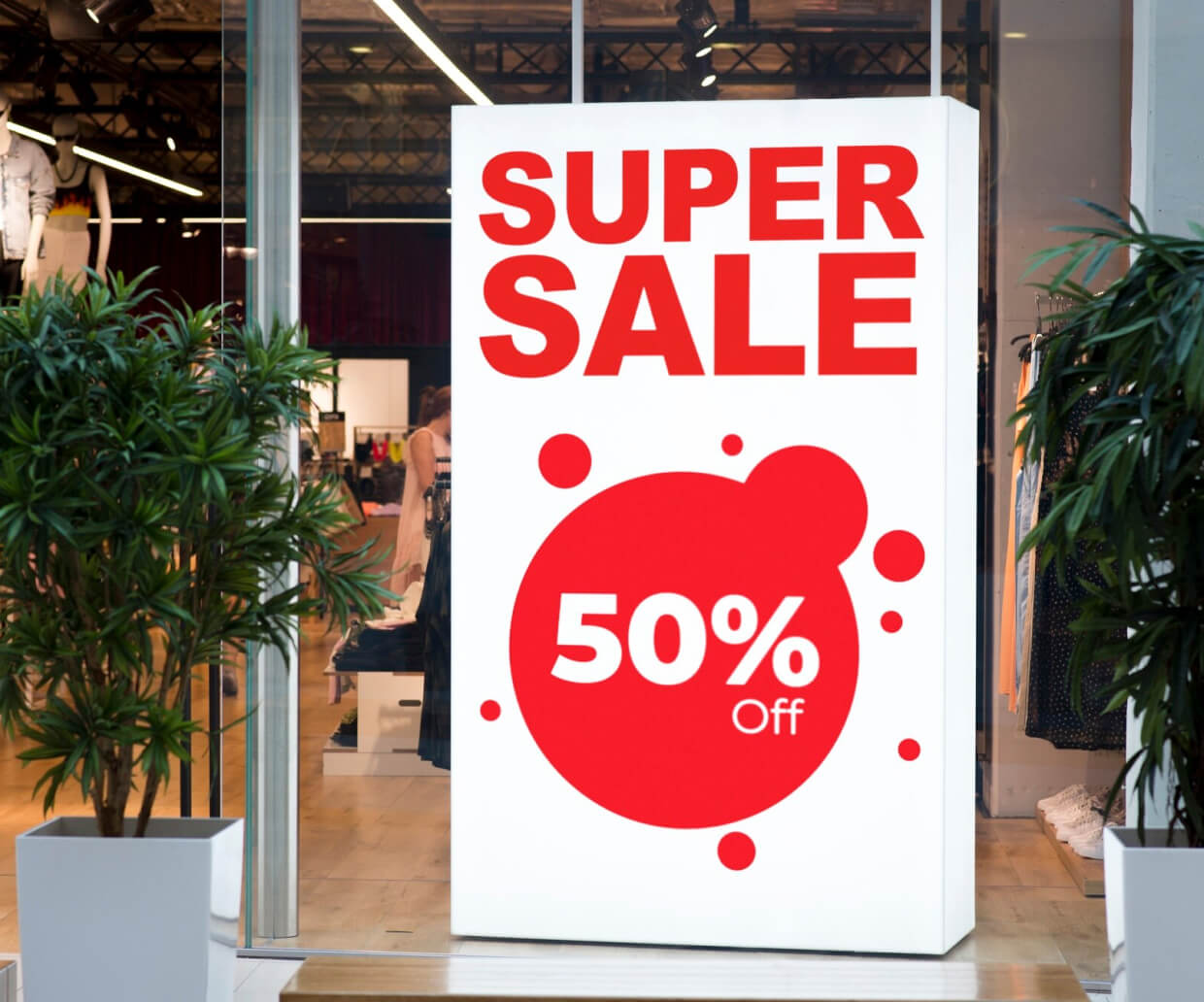 Digital signage communicating that there is a 50% super sale