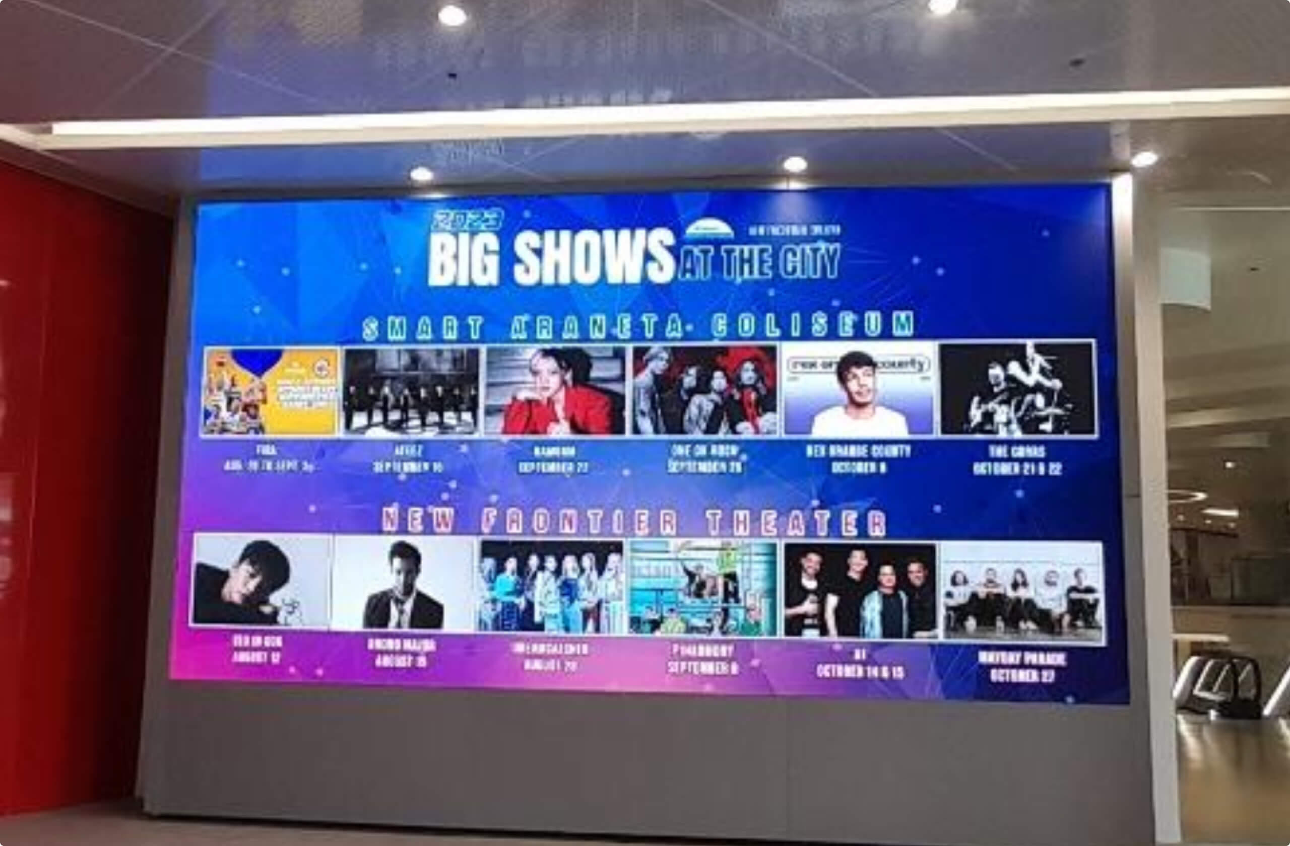 Digital display listing upcoming big shows and events at Smart Araneta Coliseum and New Frontier Theater.