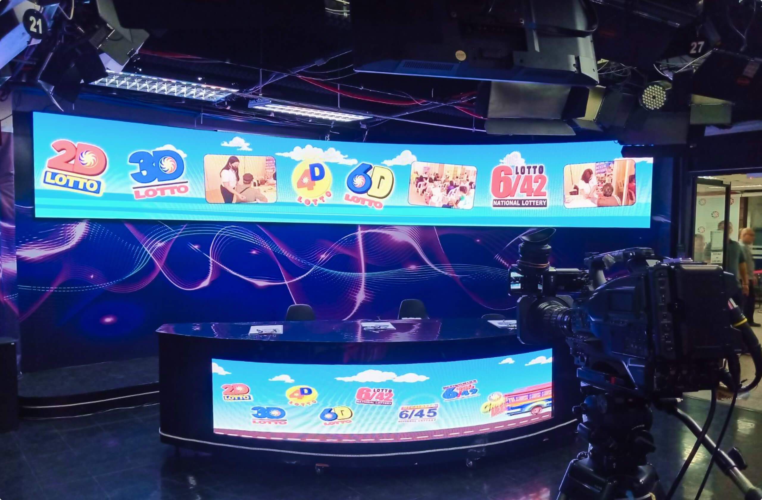 Broadcast studio with a curved desk, camera, and large screens showing various lotto game logos.
