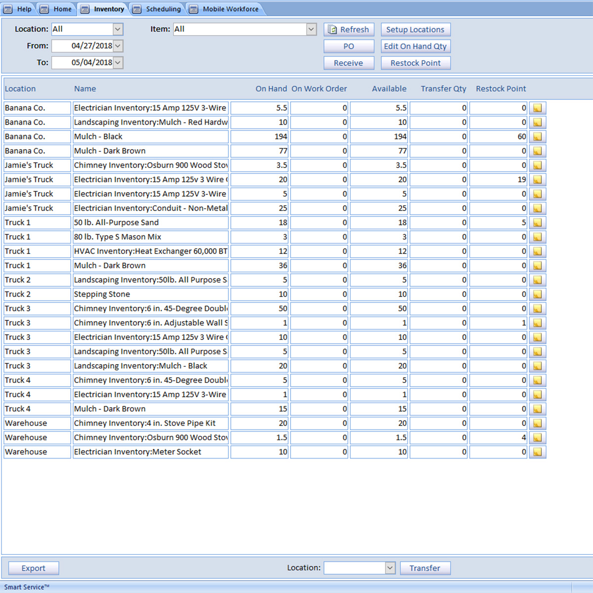 The Smart Service inventory assignment screen on a work order, showing parts available on hand and per truck