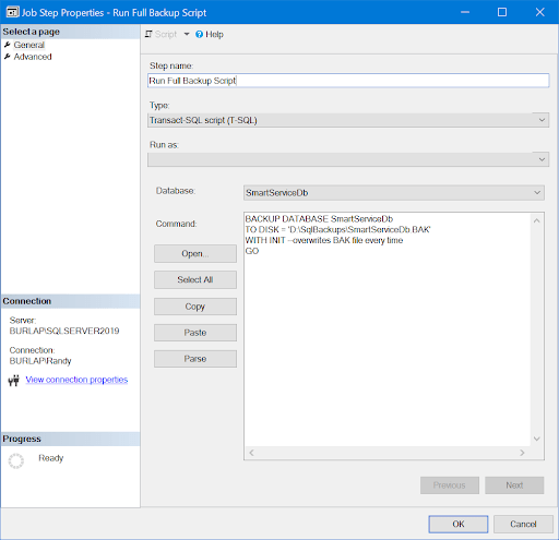 SQL Server Agent Job Step dialog with Transact-SQL backup script entered