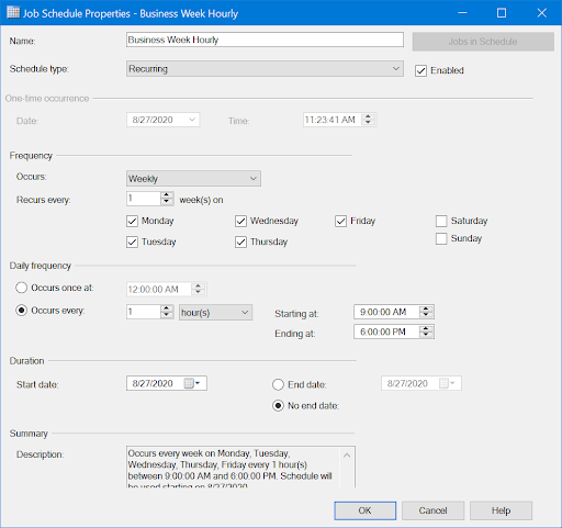 Differential backup schedule configured for hourly weekday business-hours runs
