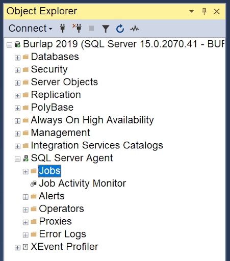 SQL Server Management Studio Object Explorer showing SQL Server Agent Jobs node