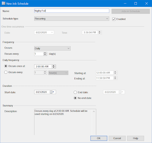 New Job Schedule dialog configured for daily 3 AM full backup