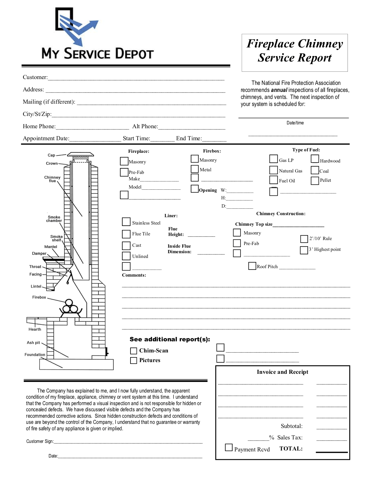 Chimney sweep inspection report fillable PDF form template with company logo, customer block, inspection diagram, pass-fail checklist, and customer signature line