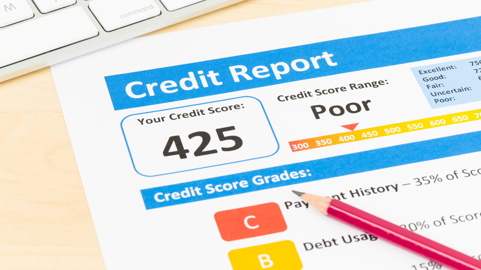 A printed credit report on a wooden desk showing a poor credit score of 425, a credit-score range bar pointing at the low-poor band, and credit-score grade letters C and B next to payment history and debt usage percentages, with a pencil and a wireless keyboard partially visible.
