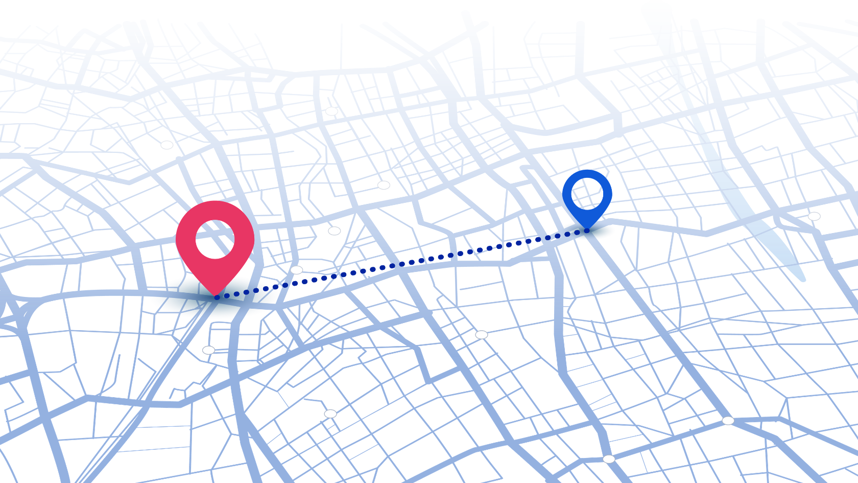 Stylized map graphic with two location pins, one pink and one blue, connected by a dotted route line on a light blue and white street map
