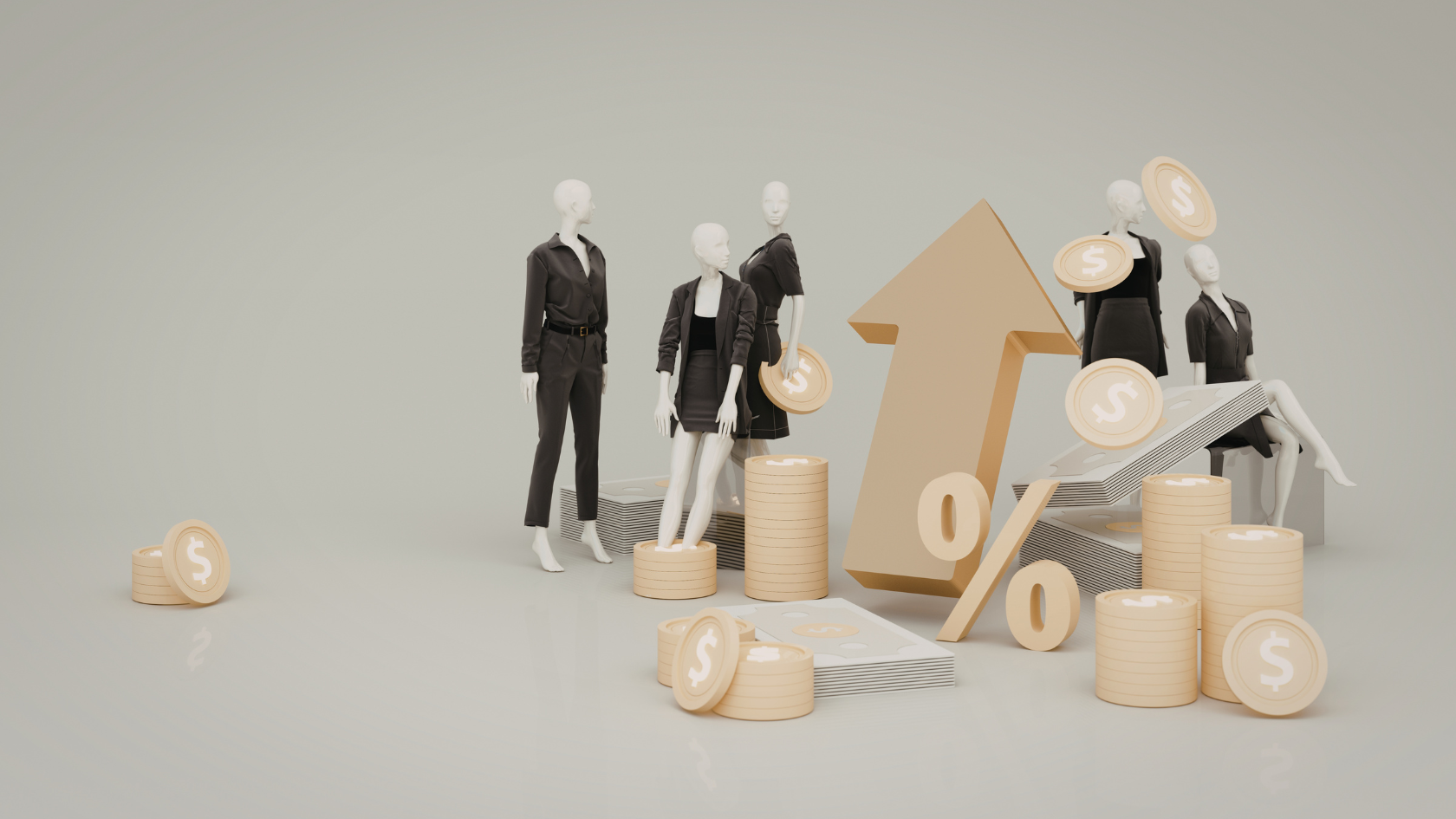Stylized 3D scene with white mannequins in business attire, a tall gold upward arrow, percent sign, and stacks of gold dollar coins representing the growth and ROI a plumbing operator unlocks with field service business software.