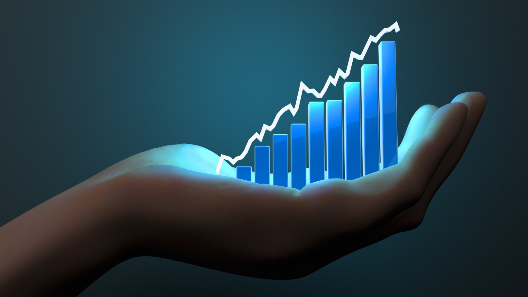 A 3D-rendered open hand holding a glowing blue bar chart with rising bars and an ascending trend line overlay against a teal background, illustrating the upward growth trajectory a field service operator builds across years