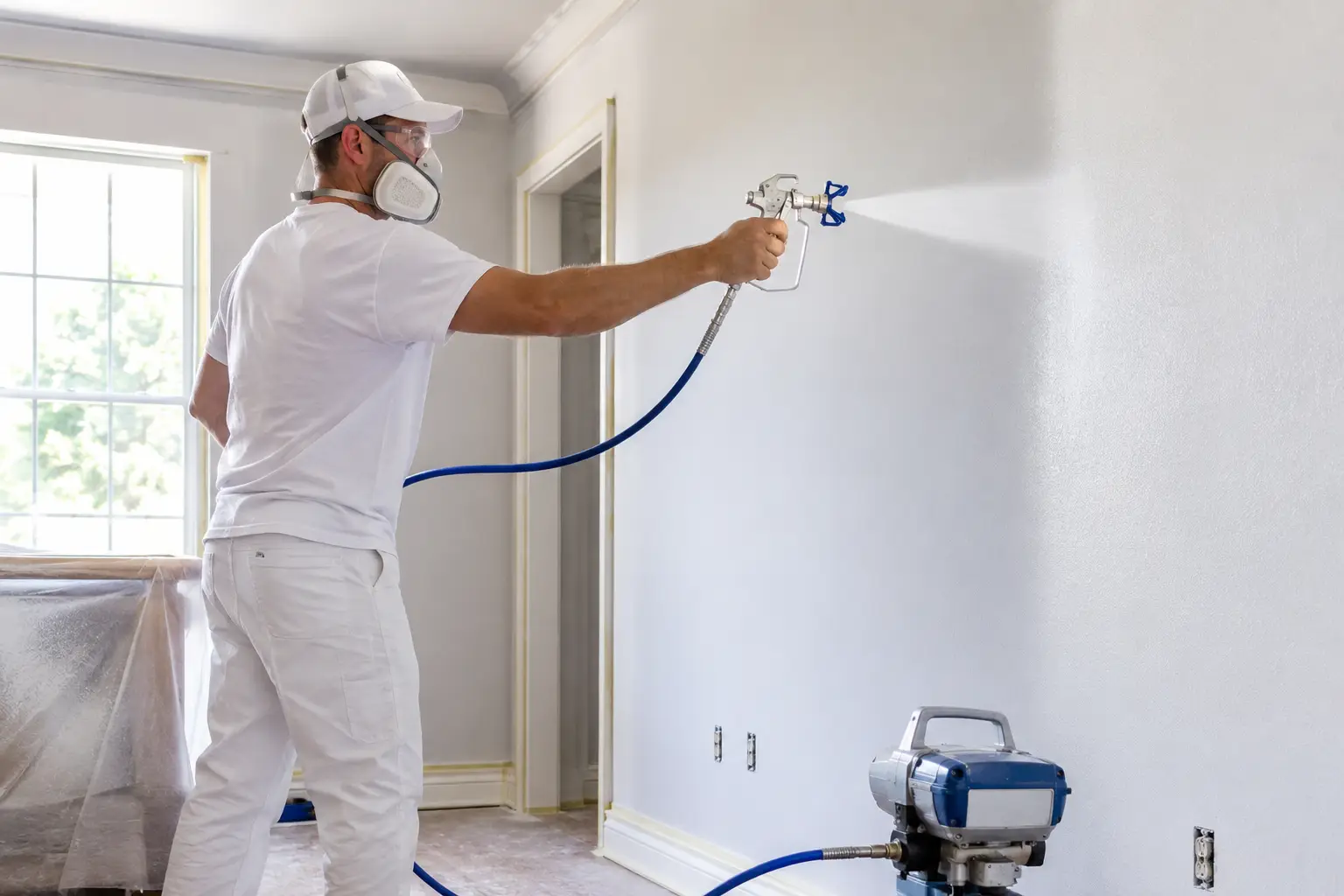 Professional painter spraying interior walls with an airless paint sprayer