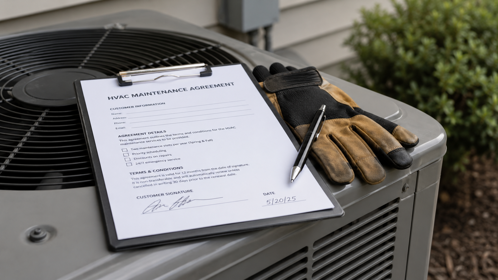 Clipboard holding a signed HVAC maintenance agreement resting on a residential condenser unit, with a technician's gloves and pen beside it