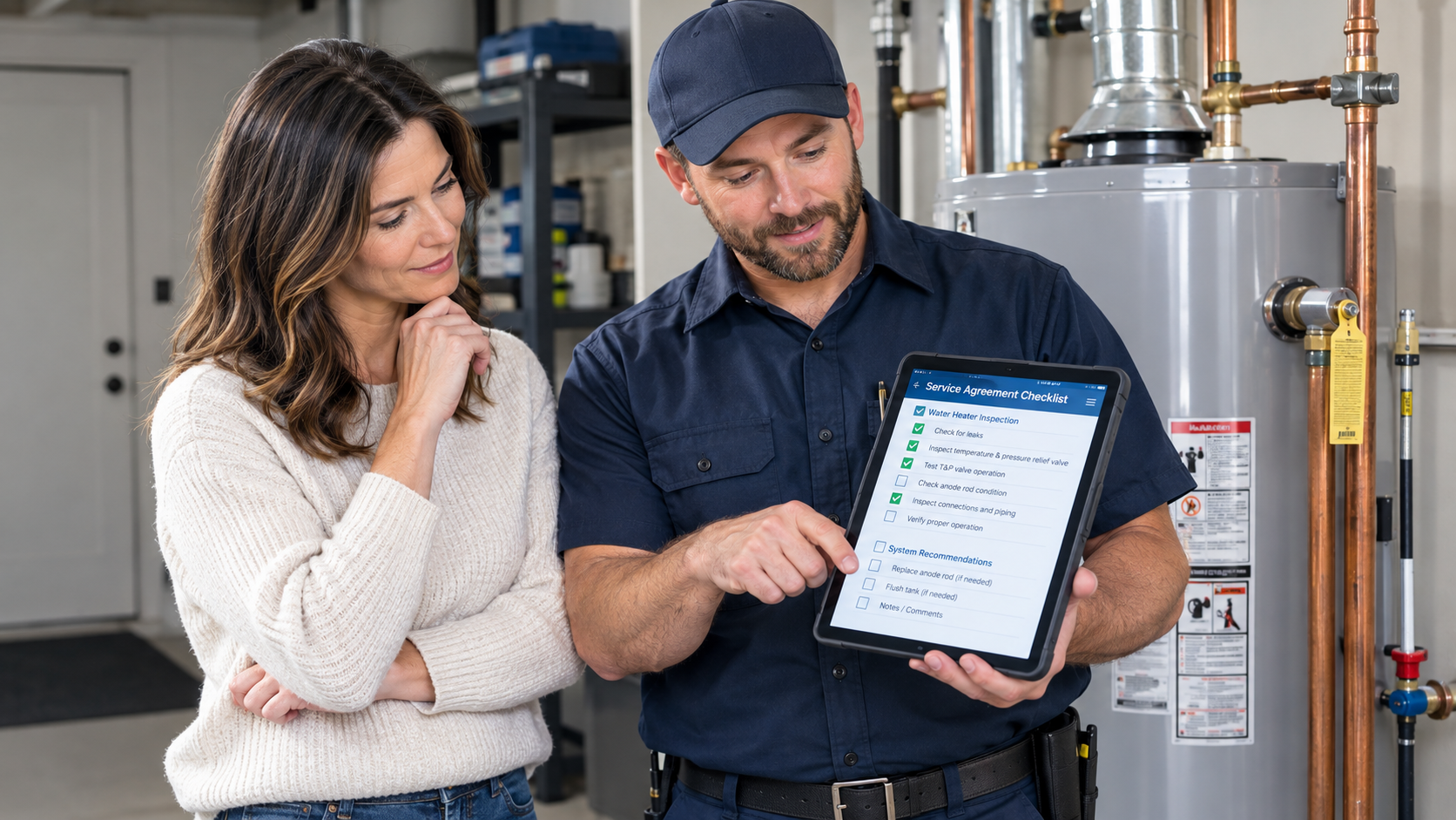 Plumber reviewing a service agreement checklist with a homeowner next to a water heater, holding a tablet showing the inspection items