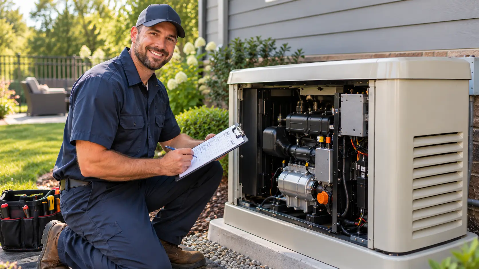 Technician performing scheduled maintenance on an open residential standby generator, service checklist on a clipboard beside the unit — the routine covered visit at the center of a generator maintenance contract.
