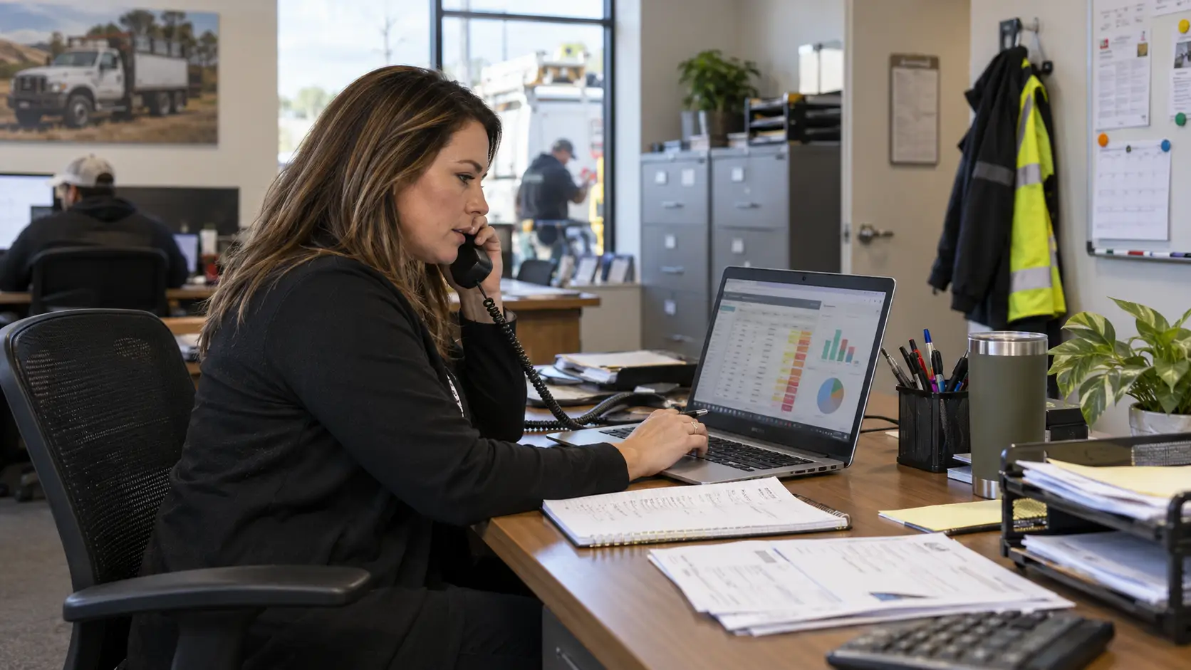 Office manager at a field service company calling a customer about a past-due invoice while reviewing an aging report on her laptop