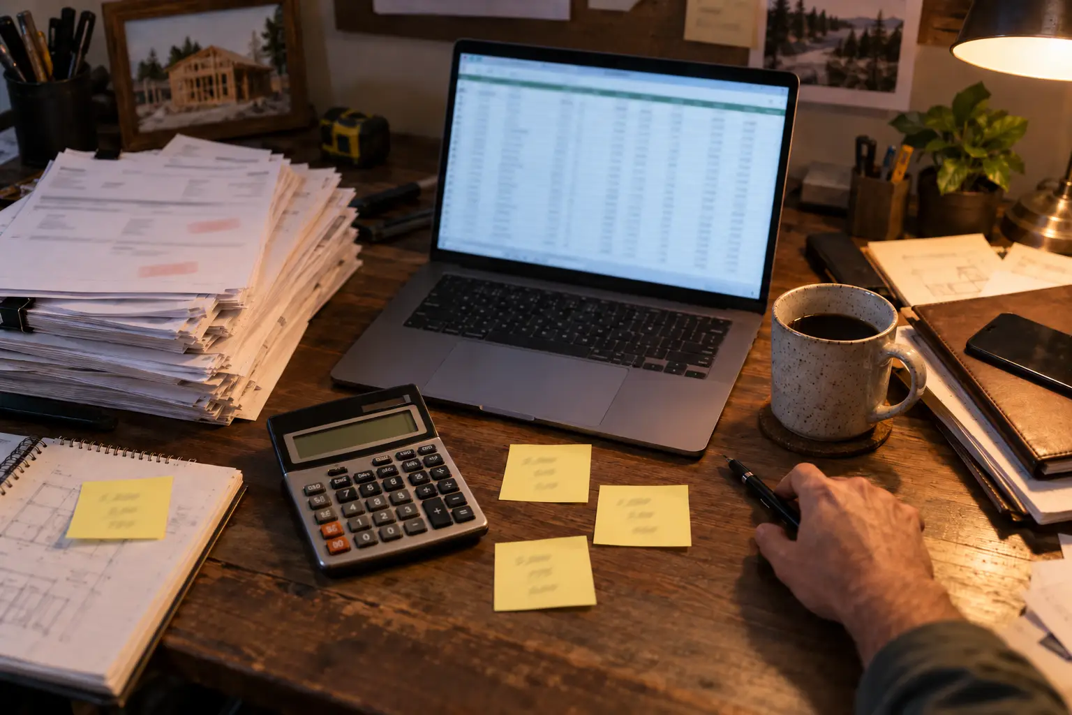 Service business desk with a laptop spreadsheet, calculator, sticky notes, and a stack of paid invoices used to figure commissions by hand.