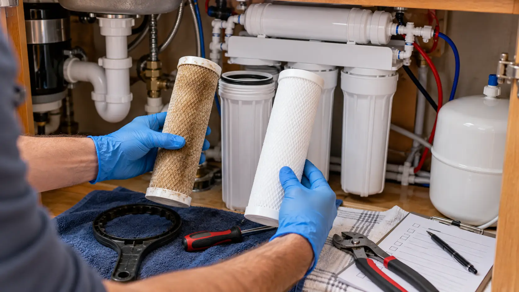 Technician performing scheduled maintenance on a residential water softener, checking the salt level and replacing a filter cartridge — the routine service visit at the center of a water treatment maintenance plan.