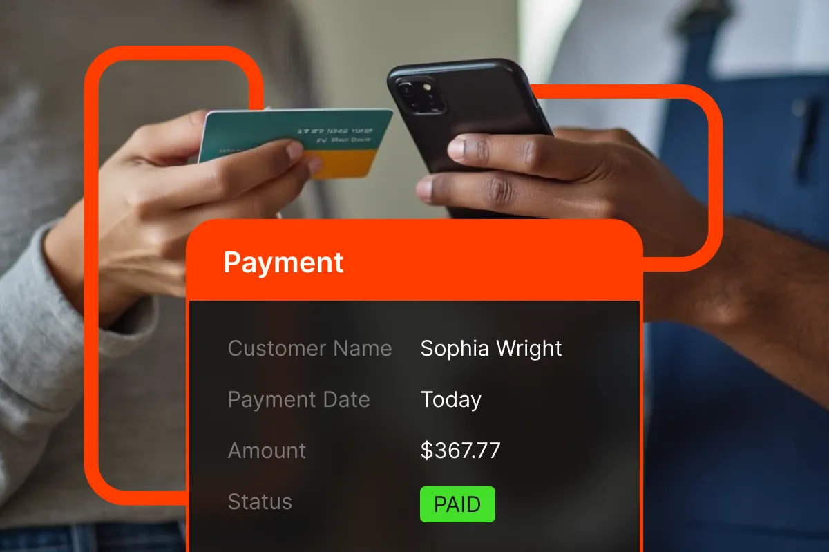 Customer paying a technician by card while the Smart Service Cloud mobile app marks the job paid