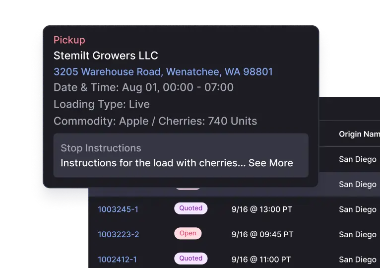 Popup showing pickup details for Stemilt Growers LLC at 3205 Warehouse Road, Wenatchee, WA, listing live loading of 740 units of apples and cherries with stop instructions.