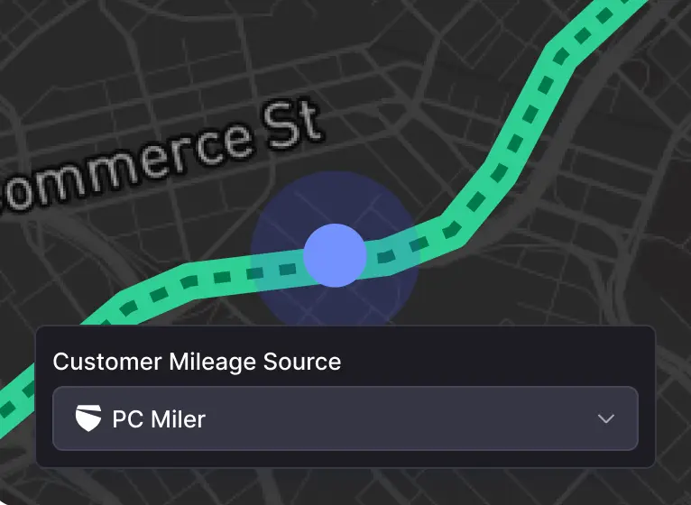 Map segment showing Commerce St with a highlighted route and a dropdown menu labeled 'Customer Mileage Source' set to PC Miler.
