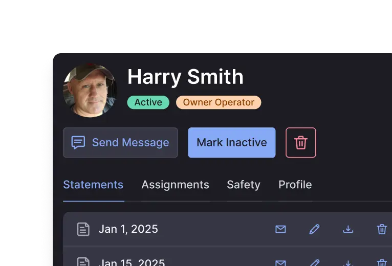 User profile interface showing Harry Smith with active and owner operator status, buttons to send message, mark inactive, and delete, and tabs for statements, assignments, safety, and profile.