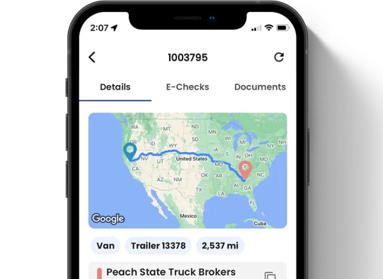 Smartphone screen showing a delivery route map across the United States from the West Coast to Georgia, with tabs labeled Details, E-Checks, and Documents.