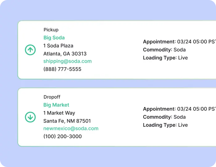Pickup details for Big Soda in Atlanta, GA, and dropoff details for Big Market in Santa Fe, NM, both with appointment date 03/24 05:00 PST, commodity Soda, and live loading type.