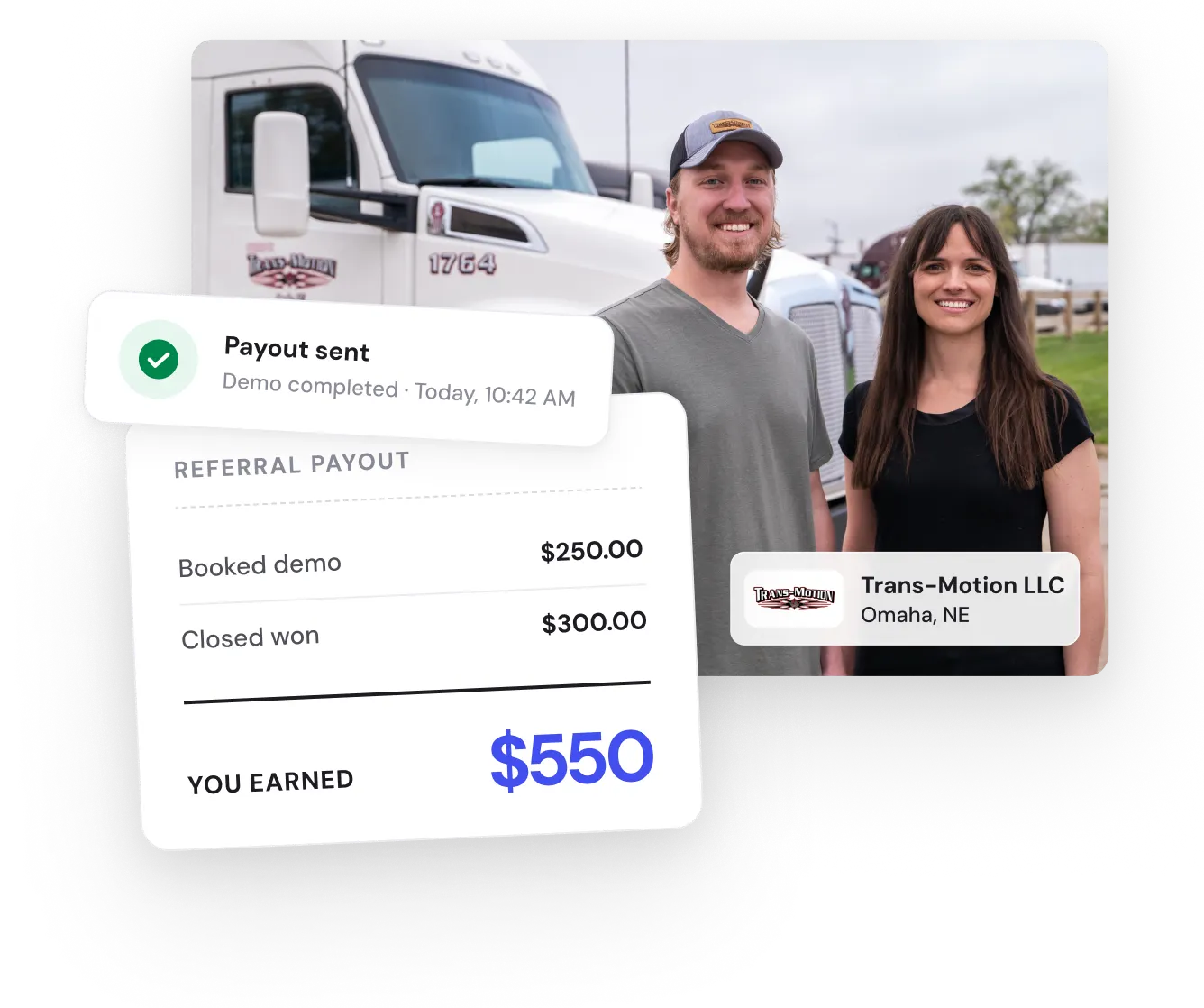A man and woman stand smiling by a white truck with earnings of $550 from referral payouts shown.