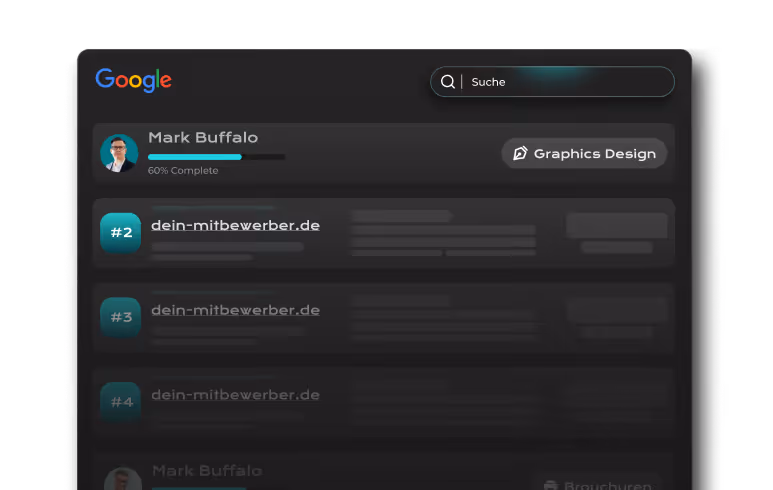 Google-Suchergebnisseite im dunklen Design mit dem Profil von Mark Buffalo und den Suchergebnissen in deutscher Sprache.