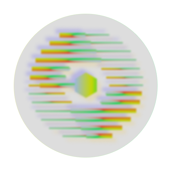 Circular abstract design with layered horizontal bars in green, blue, orange, and purple hues radiating around a central hexagon in lime green and blue tones, all against a dark background.