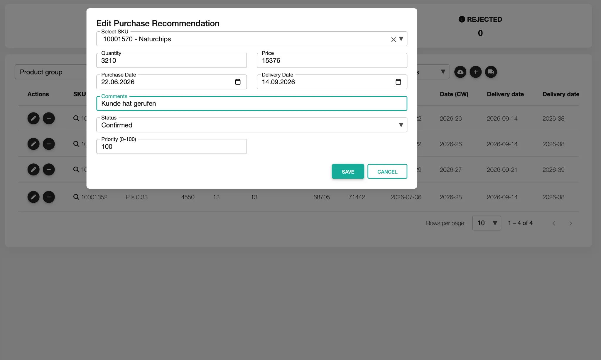Beschaffungsmanagement-System zur Anpassung von Bestellmengen, Lieferterminen und Freigabestatus im Einkaufsplanungsprozess.