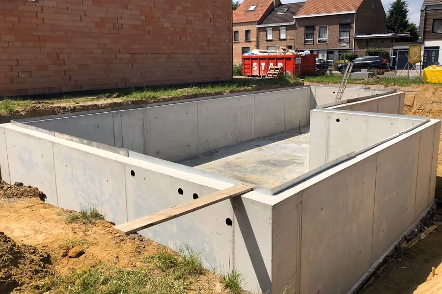 Waterdichte betonkelder en fundering tijdens ruwbouw nieuwbouwwoning