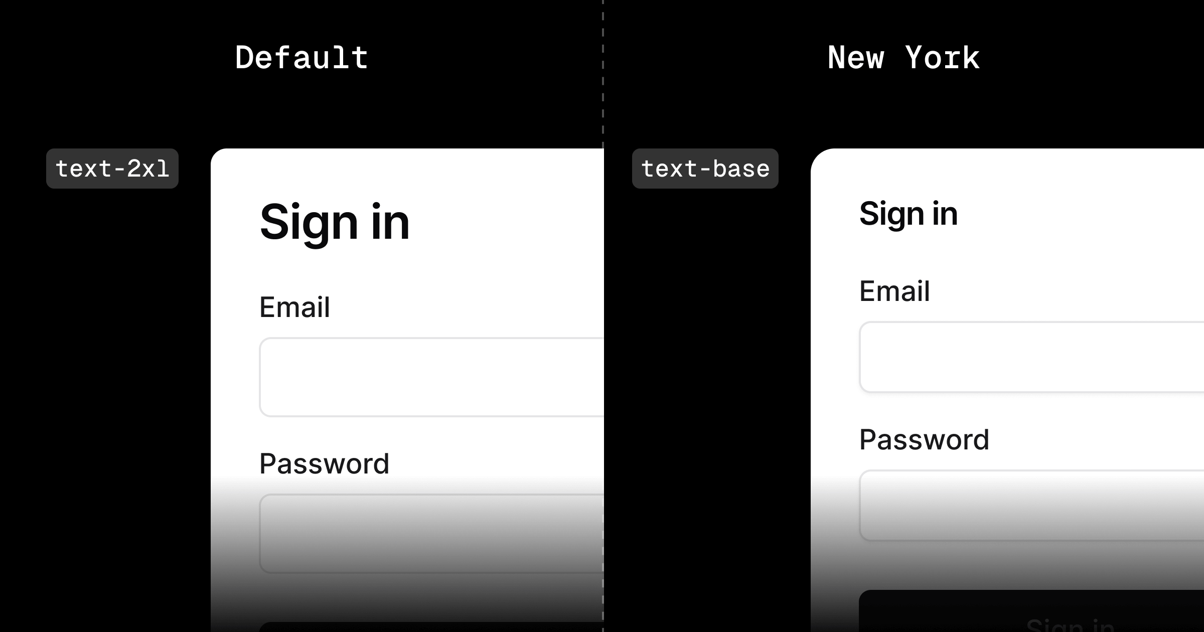 Differences between Card title font size in Default and New York style in shadcn/ui