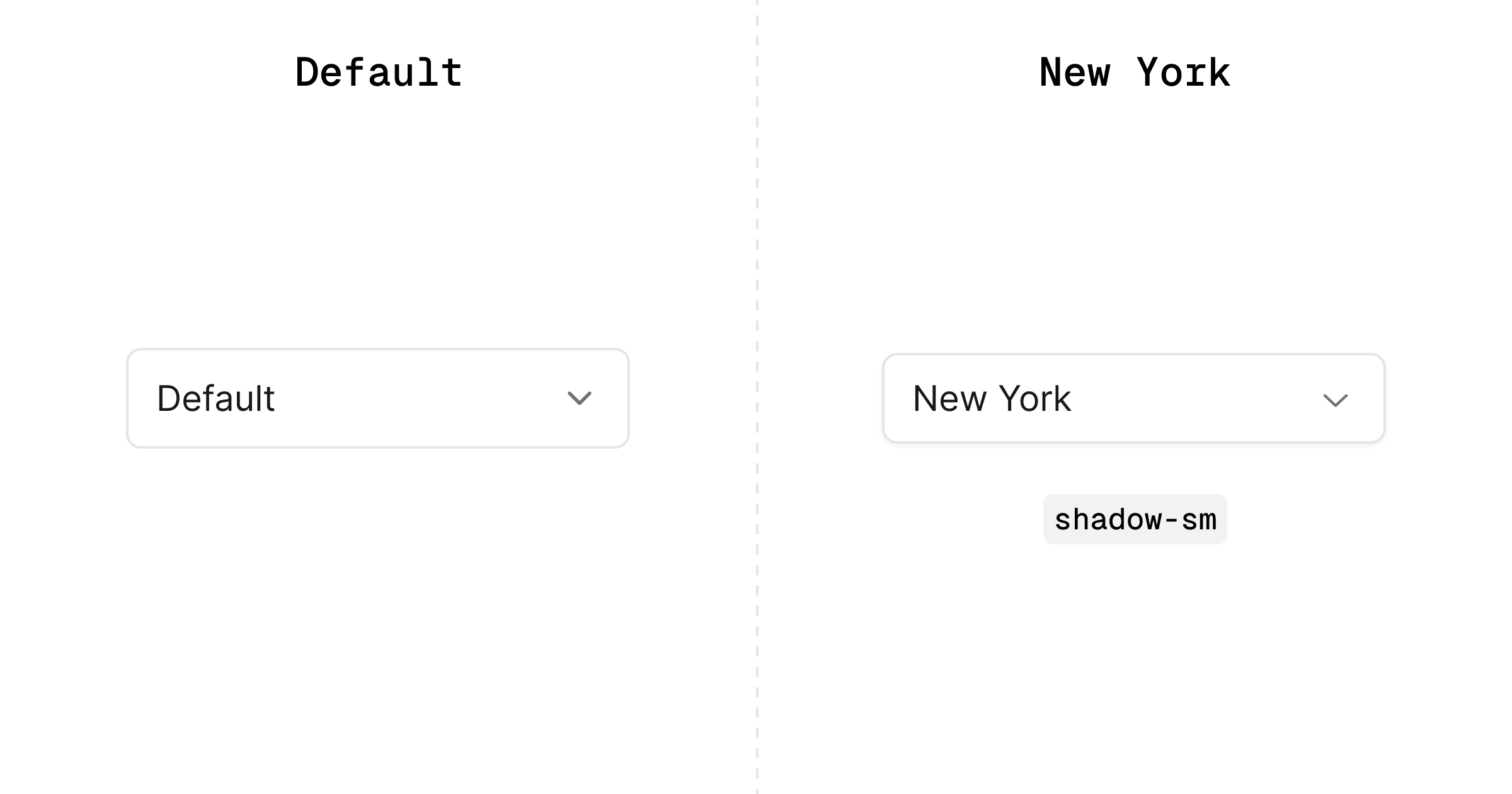 Differences between component shadows application in Default and New York style in shadcn/ui