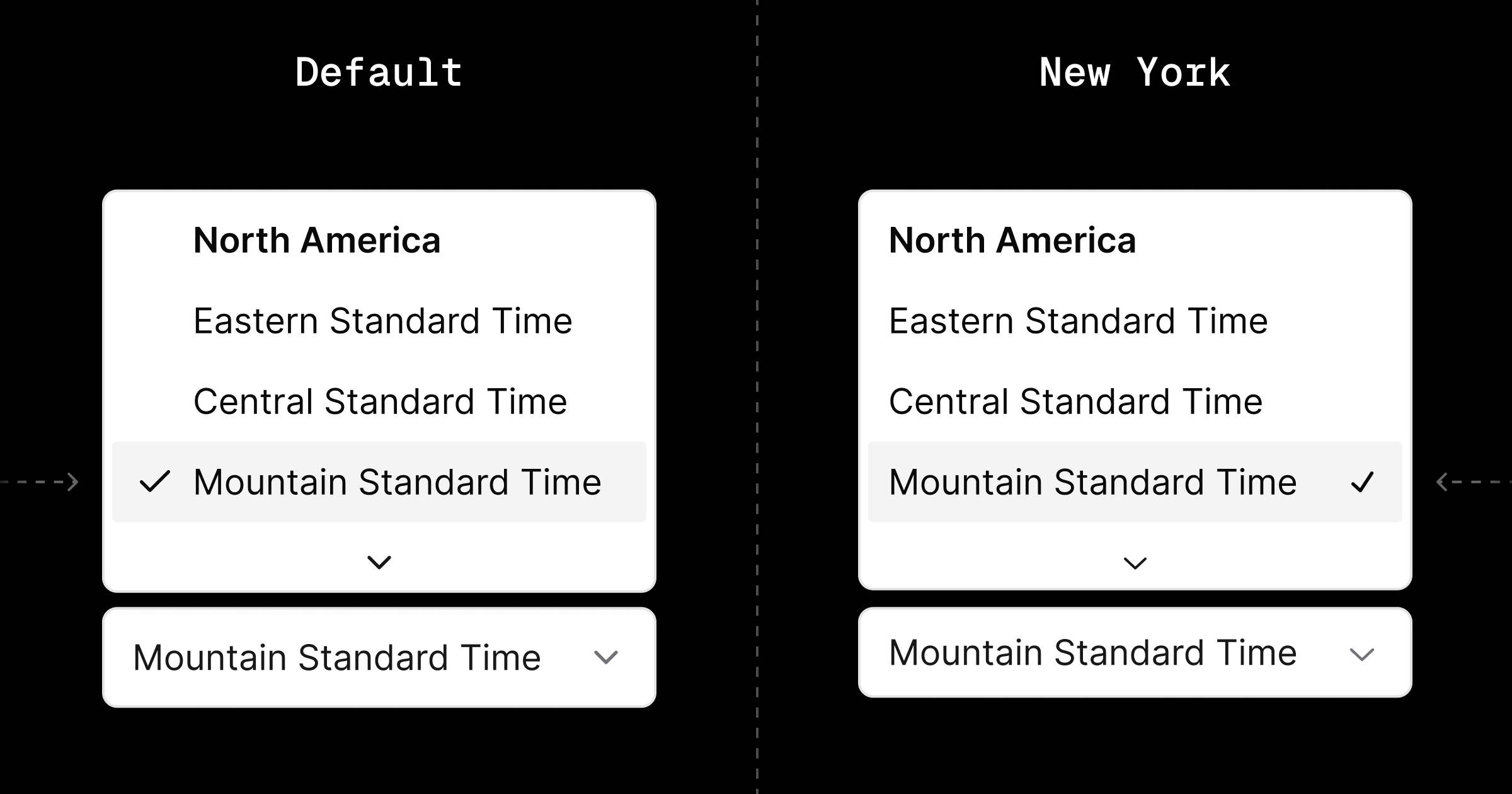 Differences between Select menu item in Default and New York style in shadcn/ui