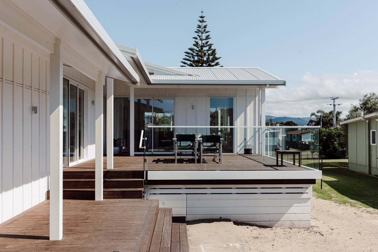 Deck and board and batten cladding at 124 Diana Ave, Whangamatā