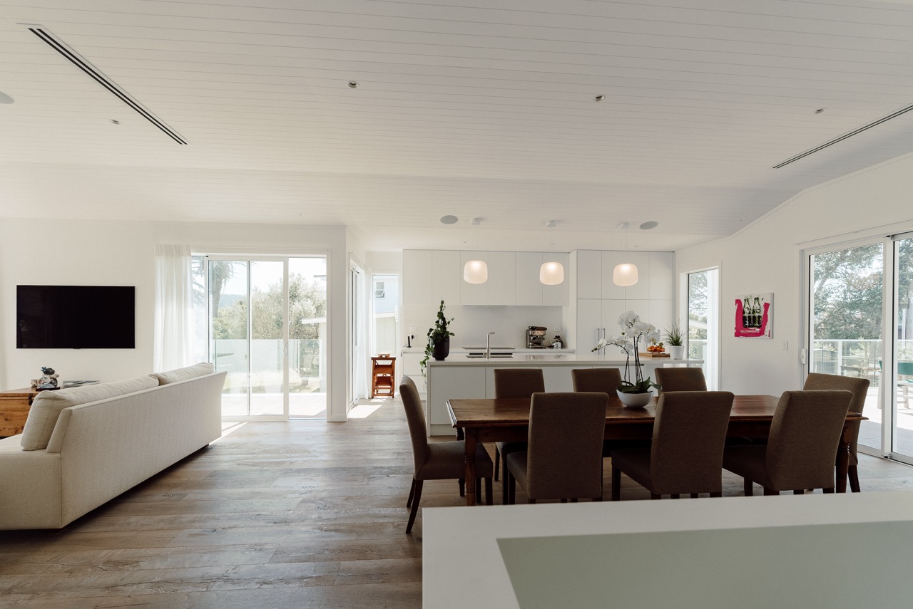 Open plan kitchen, dining and living space at 124 Diana Ave, Whangamatā